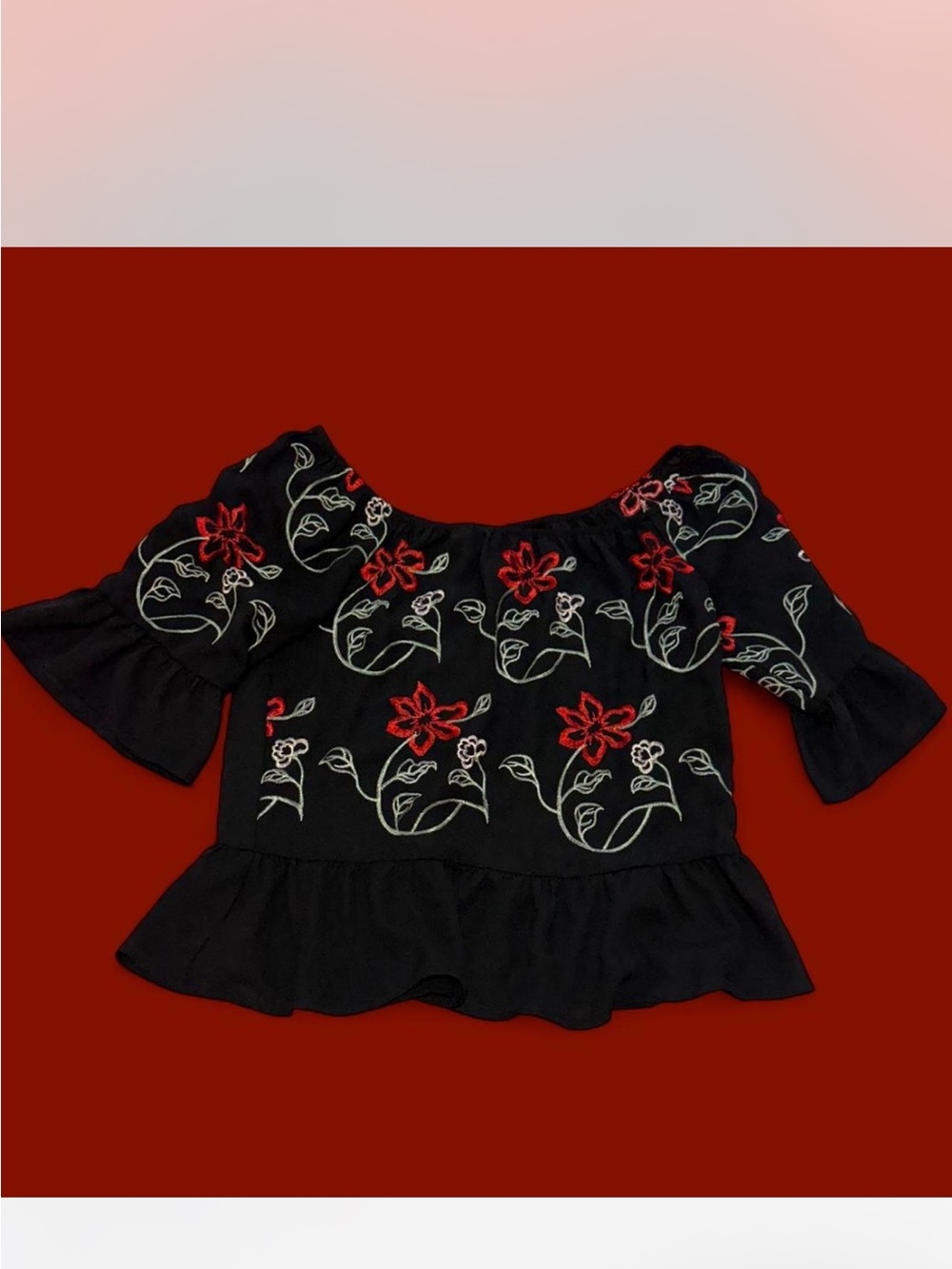 Candie's Top with Red & Cream Floral Embroidery